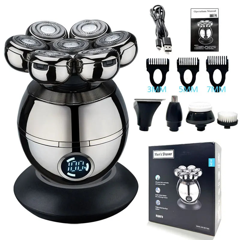 7D Floating Head Electric Shaver – 5-in-1 Professional Grooming Kit for Bald Men
