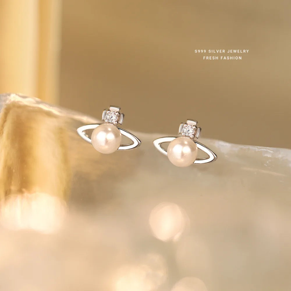 999 Sterling Silver Zircon Planet Shell Earrings – Elegant Minimalist Luxury for Women