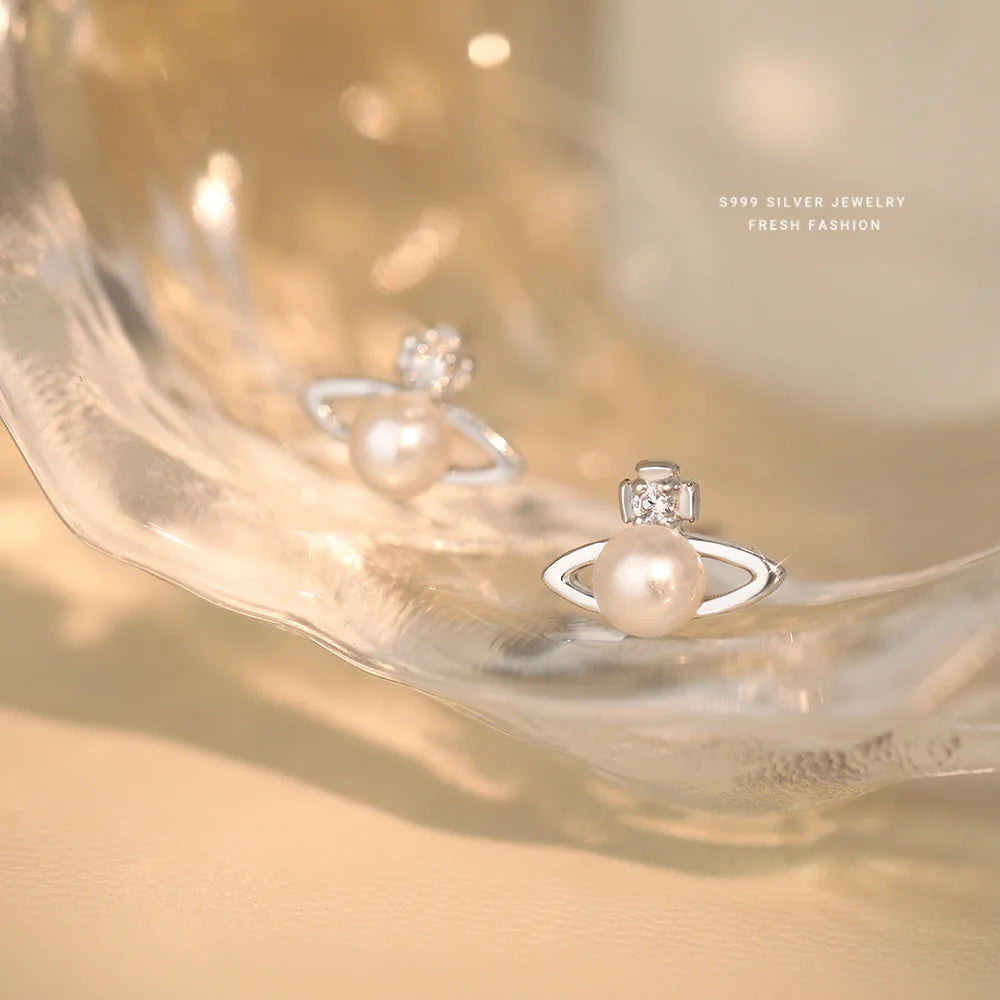 999 Sterling Silver Zircon Planet Shell Earrings – Elegant Minimalist Luxury for Women