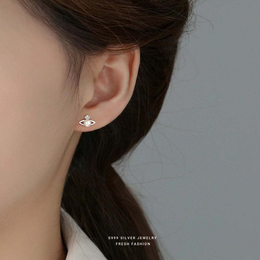 999 Sterling Silver Zircon Planet Shell Earrings – Elegant Minimalist Luxury for Women