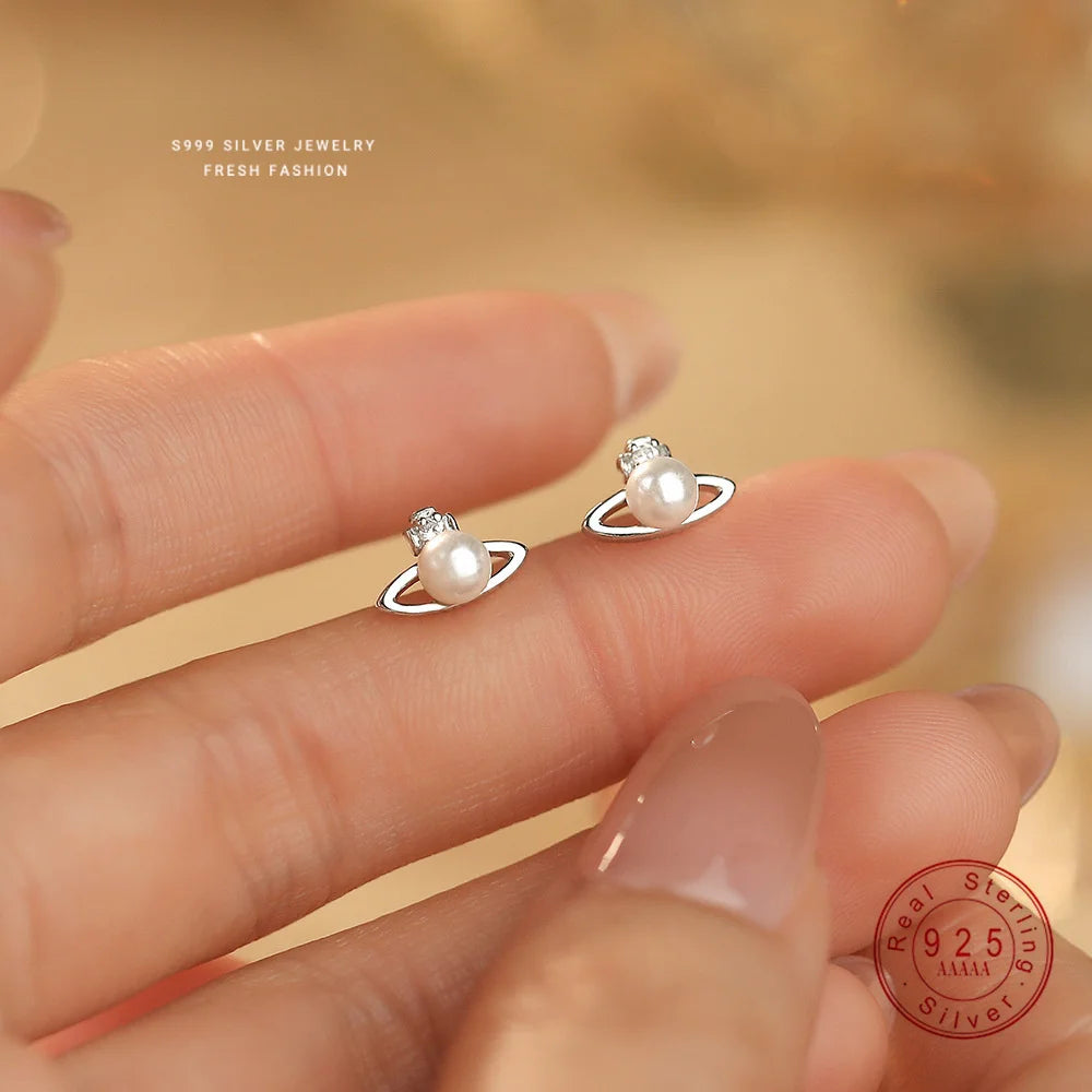 999 Sterling Silver Zircon Planet Shell Earrings – Elegant Minimalist Luxury for Women