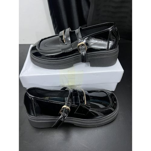 Glossy Buckle Strap Platform Loafers for Women
