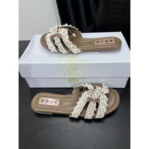Pearl & Lace Strap Flat Slide Sandals for Women
