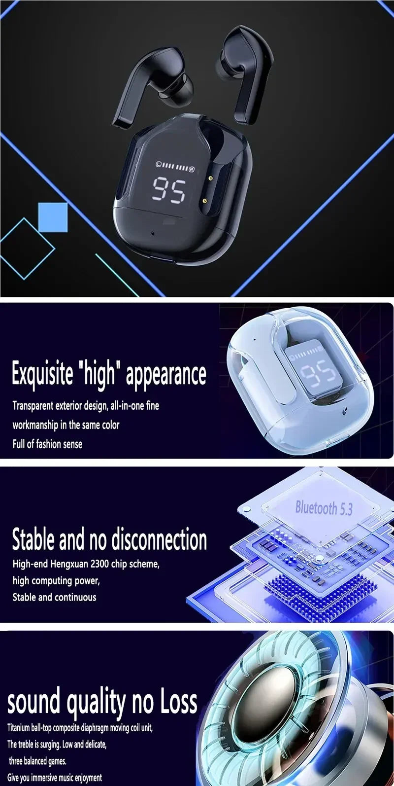 T2 Transparent Wireless Earbuds with LED Display