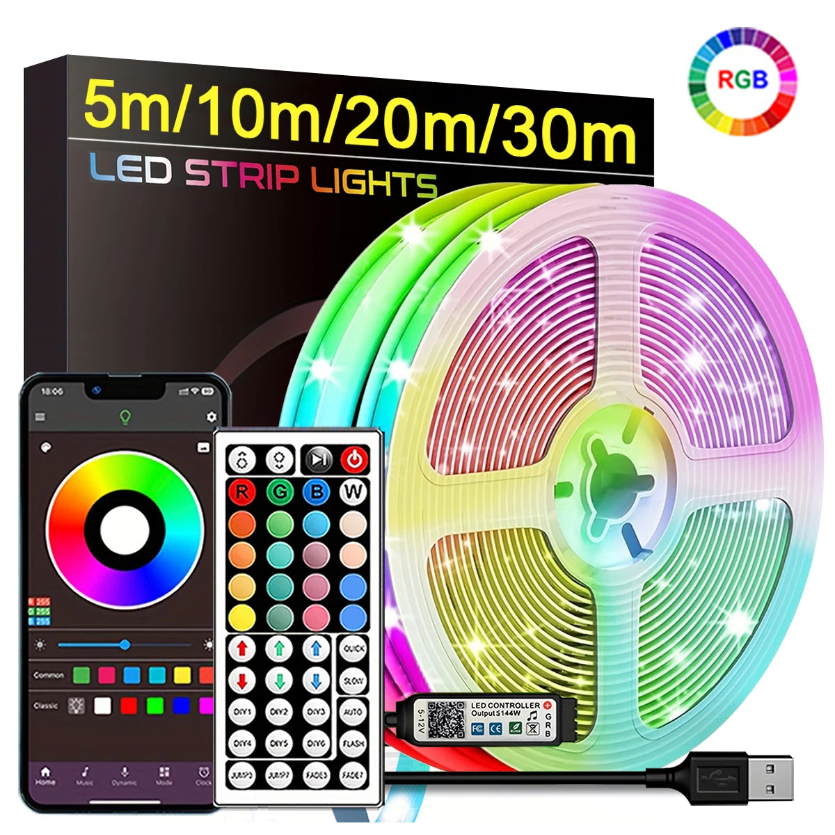 Smart RGB LED Strip Lights with App Control – 5m / 10m / 20m / 30m Flexible LED Light Tape for Bedroom, Gaming Room & Home Decoration