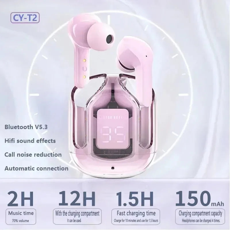 T2 Transparent Wireless Earbuds with LED Display – HiFi Stereo Bluetooth Earphones, Noise Reduction, Long Battery Life (For Xiaomi & All Devices)