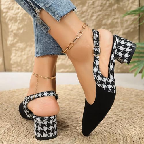 Women Elegant Pointed Toe Heel Shoes – Slingback Office Pumps With Buckle Strap – Black & White Classic Ladies Heels