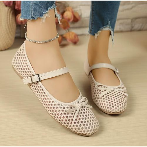 Women’s Mary Jane Flat Shoes – Elegant Sequin Mesh Ballet Flats with Strap