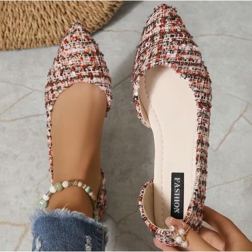 Women’s Tweed Pointed Toe Flat Shoes – Elegant Slip-On Casual & Office Ballet Flats