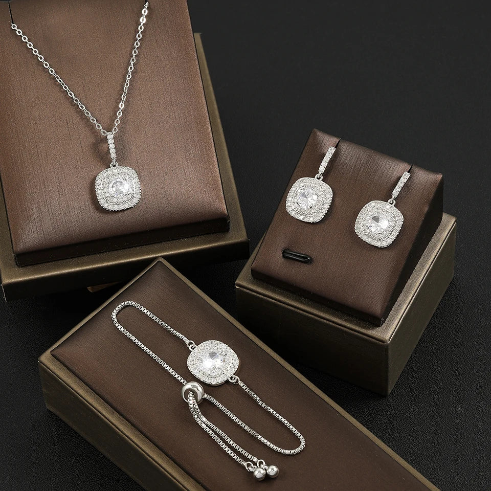 ZAKOL Luxury 3-Piece Brilliant Square Zirconia Jewelry Set - Micro-Paved Necklace, Earrings & Bracelet for Weddings & Galas