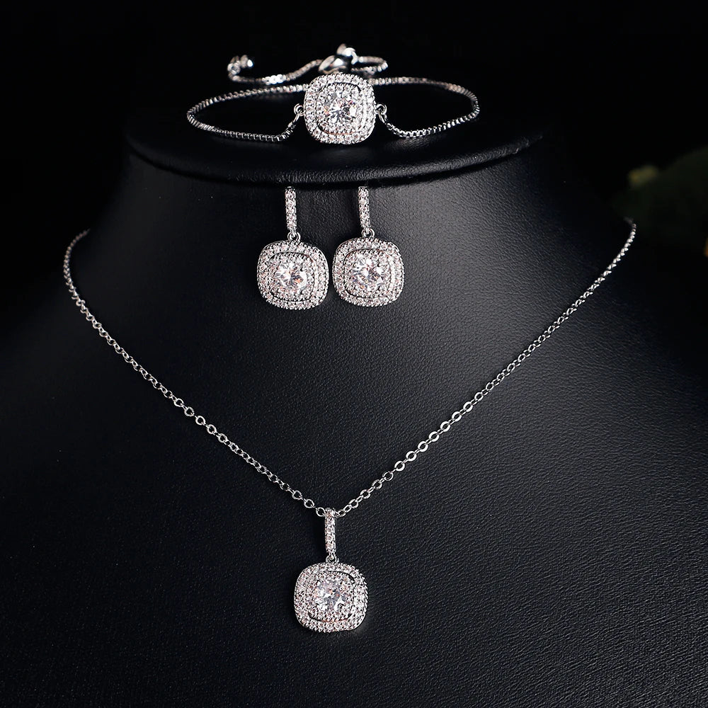 ZAKOL Luxury 3-Piece Brilliant Square Zirconia Jewelry Set - Micro-Paved Necklace, Earrings & Bracelet for Weddings & Galas